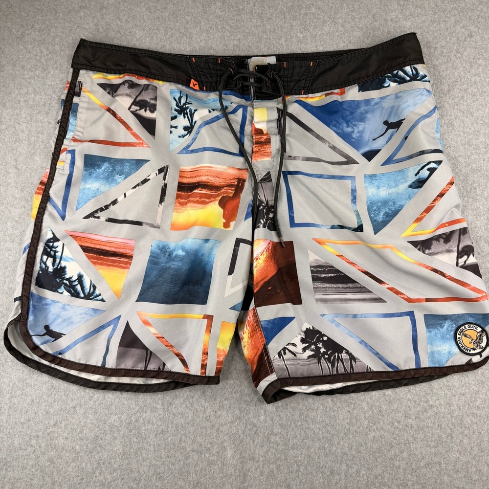 American Eagle Mens XXXL Board Shorts Surfer Beach Photo Print Swim Trunks Gray